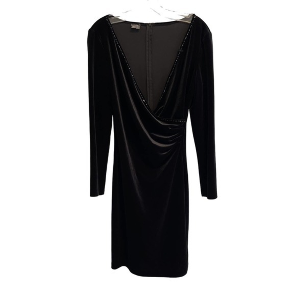 Muse Womens Black Velvet Long Sleeve Beaded Surplice V-Neck Sheath Dress Size 8